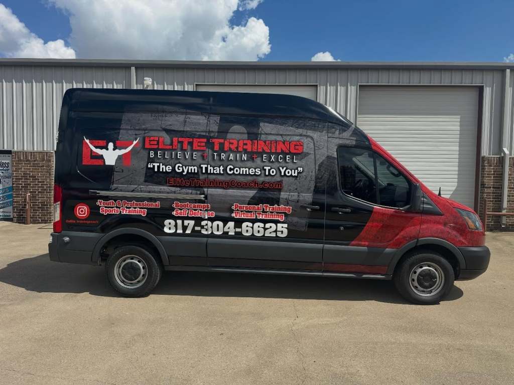 Van wrap for Elite Training on a Ford Transit by 1st Class Graphics in Mansfield, TX