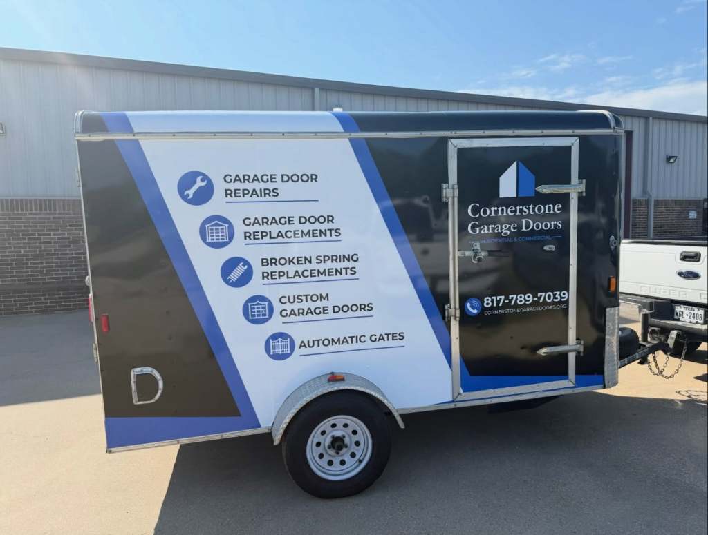 Trailer wrap for Cornerstone Garage Doors on a cargo trailer by 1st Class Graphics in Mansfield, TX