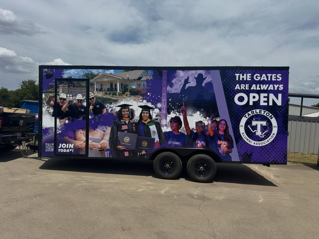 Trailer wrap for Tarleton Alumni Association on an enclosed cargo trailer by 1st Class Graphics in Mansfield, TX