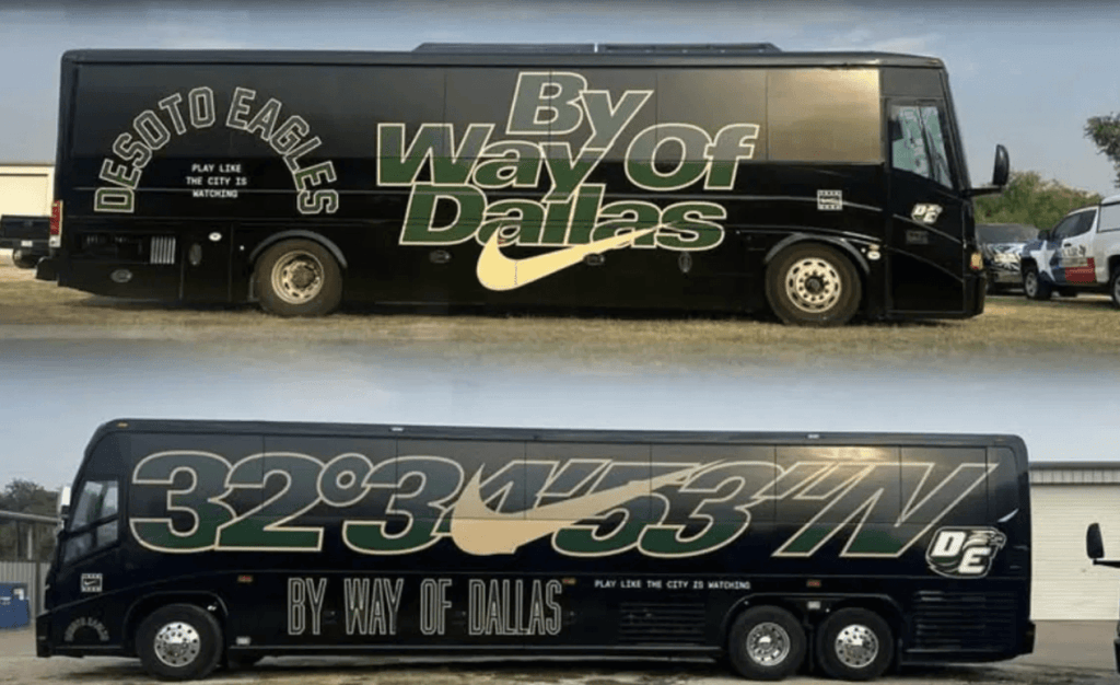 Partial wrap for DeSoto Eagles on charter buses by 1st Class Graphics in Mansfield, TX