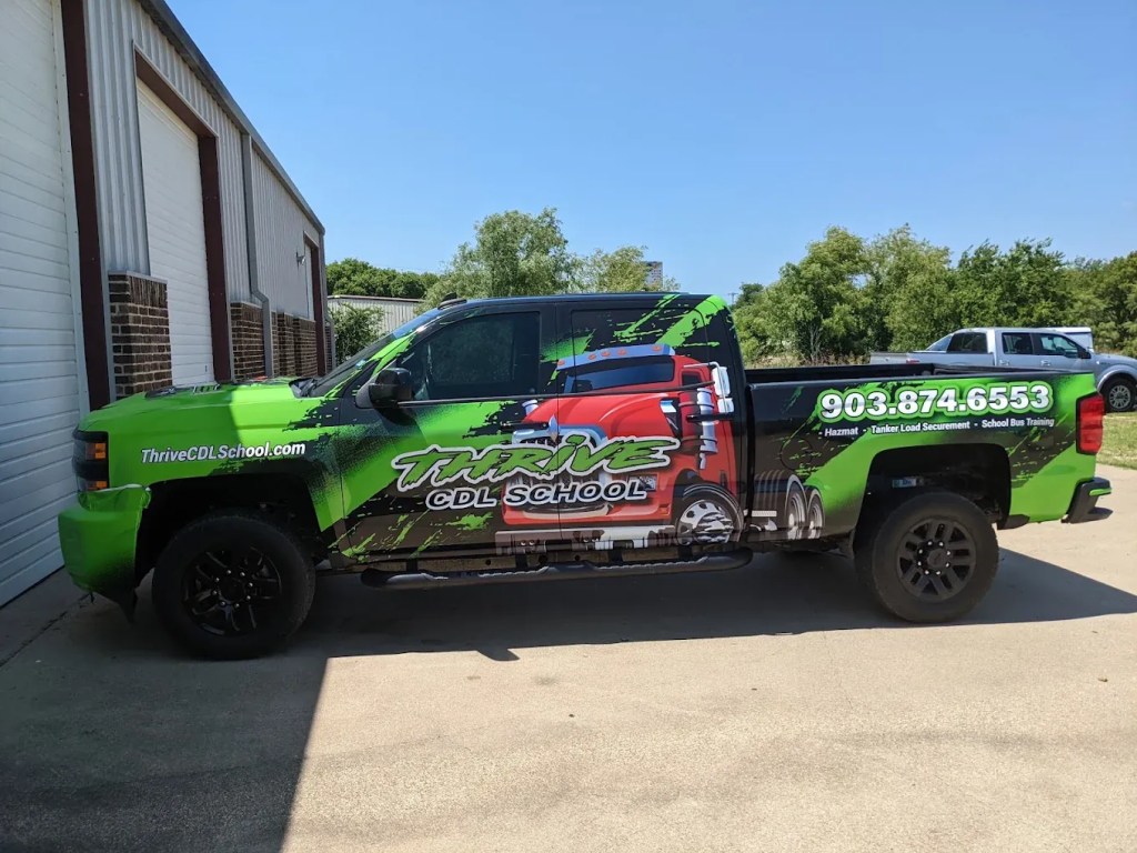 Full vehicle wrap for Thrive CDL School on a pickup truck by 1st Class Graphics in Mansfield, TX